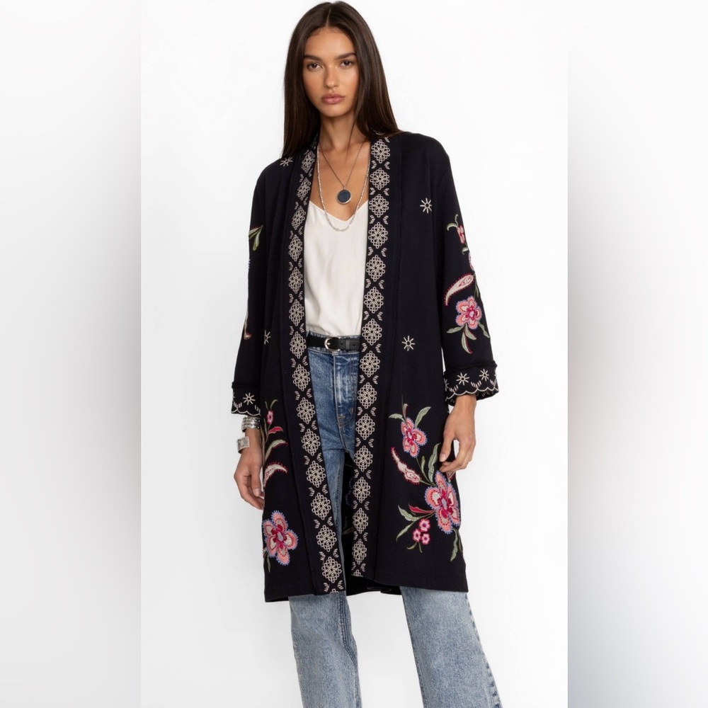 Johnny Was Libby French Terry Kimono Coat black with pink floral embroidery